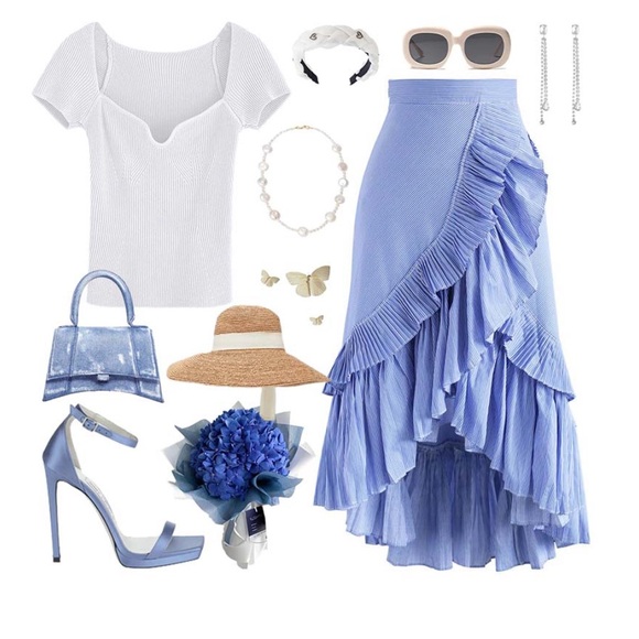 Chicwish  RUFFLE TIERED FRILL HEM SKIRT IN BLUE STRIPES, size S - Picture 3 of 17